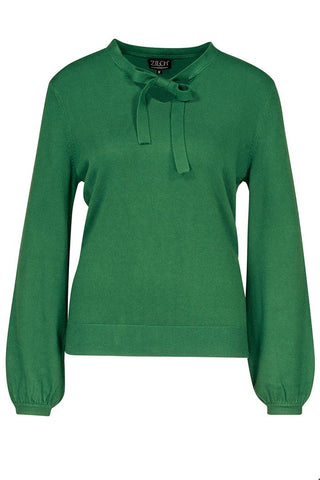 Zilch sweater ribbon bottle: mooie groene top met een strikhals en lange pofmouwen