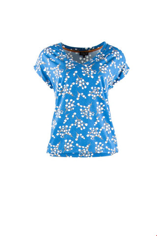 Zilch Top V-Neck Blossom Jeans 01EVI10.088P/854: blauwe top met bloesemprint, korte mouw, een v-hals en een brede boord onderaan