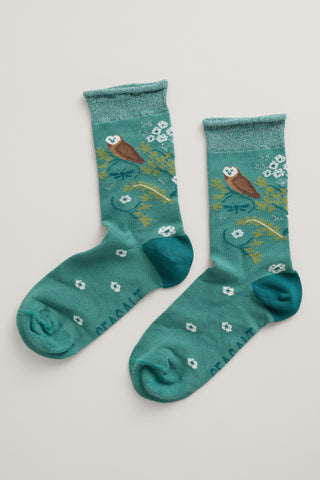 Seasalt Cornwall Snowy Scenes Socks Paper Owl Emerald