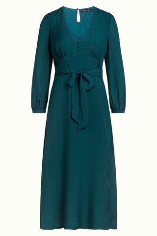 King Louie Lynn bellesleeve dress beauvoir pine green 05493200: jurk met v-hals en strikceintuur