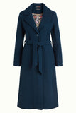 King Louie Peyton coat kennedy storm blue 05335302: Lange winterjas met V-hals, strikceintuur en knoopsluiting
