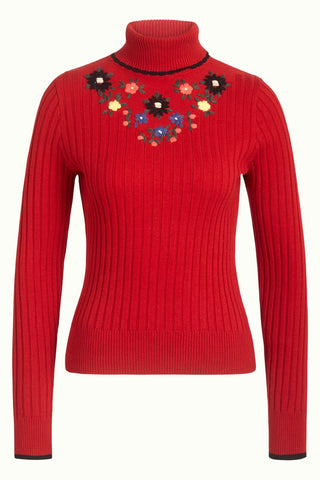 King Louie cheri sweater Fleur chili red 05388655: rode trui met lange mouwen