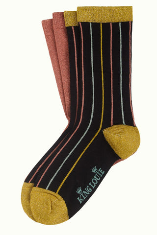 King Louie socks 2-pack carrousel curry yellow 05596806: zwart gestreepte sokken