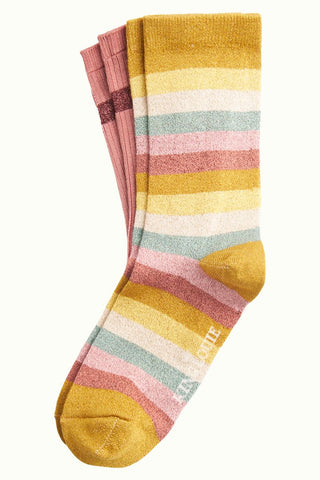 King Louie Socks 2 Pack Campania Curry Yellow 05091806: 2 paar sokken, 1 effen roze en de ander geel gestreept met glitters