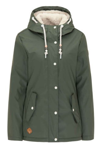 Ragwear jacket Marge olive 2021600405031: olijfgroene winterjas met capuchon, een rits en knoopsluiting en klepzakken