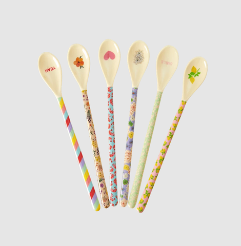 Rice melamine latte spoon in 6 assorted 'yippie yippie yeah' print (single)