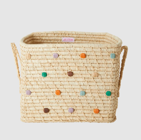 Rice raffia square basket with dots in 'follow the call of the discoball' BSRAT-30DOTAW21