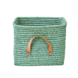 Rice-square-raffia-basket-mint-BSRAT-30MI: mintkleurige handgemaakte opbergmand van natuurlijke raffia