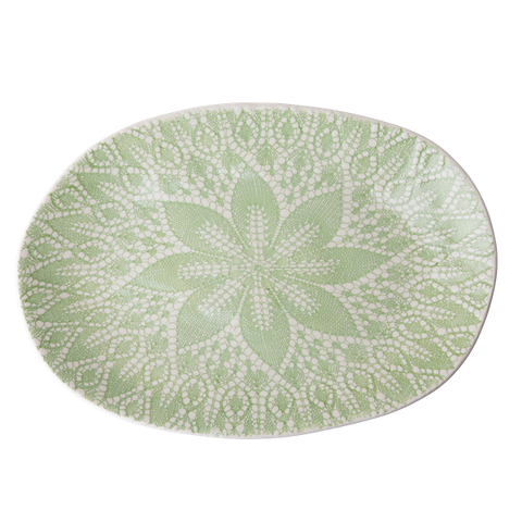 Rice Ceramic Oval Serving Dish With Lace Embossing Pastel Green CESER-LACEPG