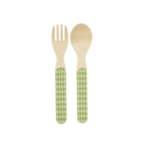 Rice Kids Bamboo Melamine Spoon And Fork With Print Green BABSF-BANI