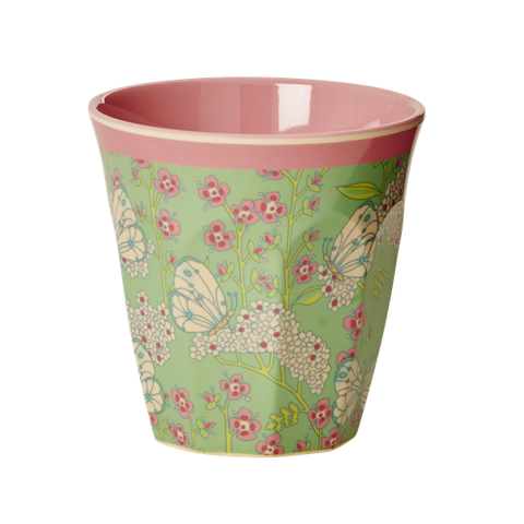 Rice Melamine Cup With Butterfly And Flower Print Two Tone Medium MELCU-BUFL