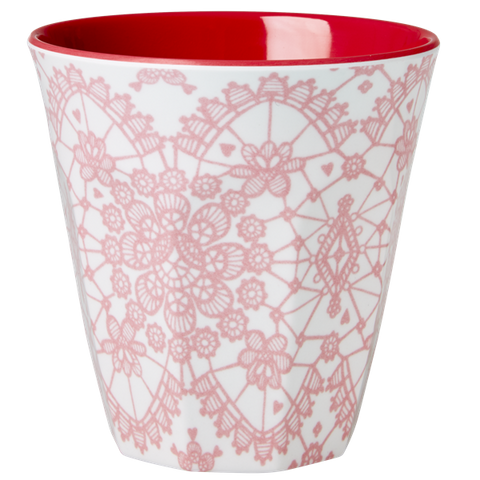 Rice Melamine Cup With Lace Print Coral Two Tone Medium MELCU-LACE