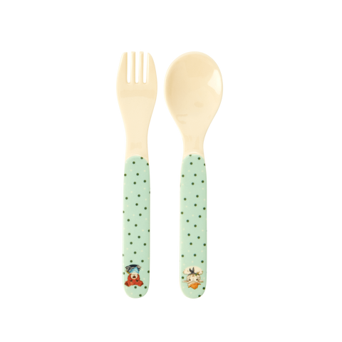 Rice Melamine Kids Spoon And Fork With Farm Animals Green BABSF-FARMG