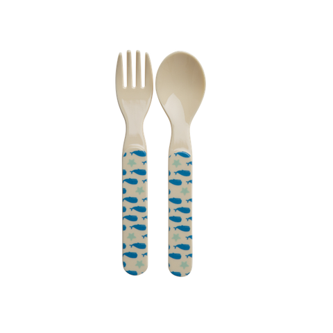 Rice Melamine Kids Spoon And Fork With Whales And Starfish Print BABSF-BSEA