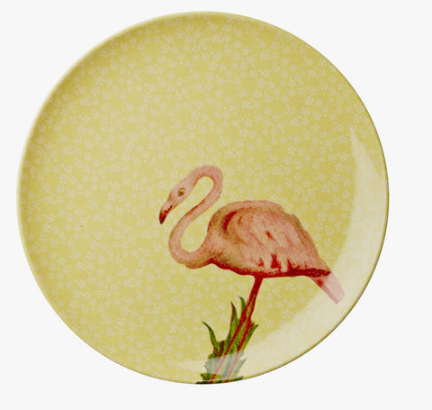 Rice Melamine side plate with yellow flower and flamingo print MESPL-YFLAM