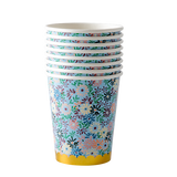 8 Paper Cups in Small Flower Print with Gold Border