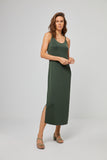 Surkana Long dress with straps khaki 521BEKK717_62: lange groene jurk met split