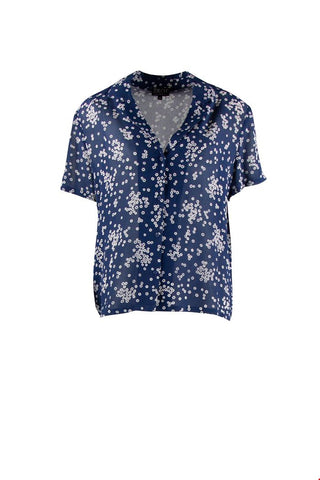 Zilch Blouse Short Sleeve Daisy Navy 01CHI15.034P/861: blauwe doorzichtige blouse met korte mouw en bloesem print.