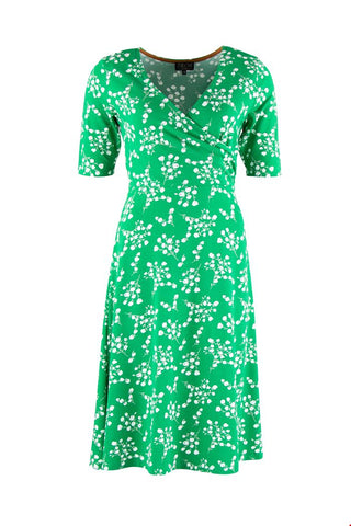 Zilch Dress Cross Blossom Apple 01EVI40.075P/853: groene jurk met bloesem print, korte mouwen en een v-hals met overslag decollete