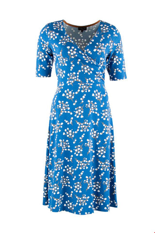Zilch Dress Cross Blossom Jeans 01EVI40.075P/854: blauwe jurk met bloesem print, overslag decollete, is gemaakt van duurzame viscose