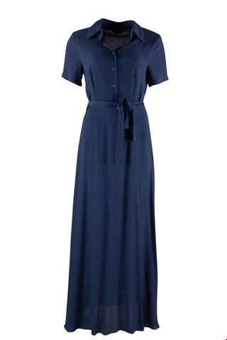 Zilch Dress Long Navy 01VCR40.181/18: lange blauwe jurk met blouse top en bijpassende strikceintuur