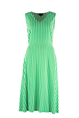 Zilch Dress Midi Lines Apple 01VIS40.104/858: groene mouwloze jurk met streepprint en v-hals