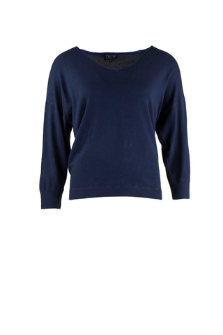 Zilch Sweater V-Neck Navy 01BAS30.048/18: blauwe top met v-hals en driekwart mouwen gemaakt van bamboe
