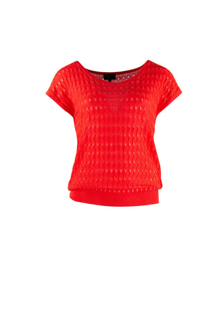 Zilch Top V-Neck Lipstick 01COM10.035/232: rode lichtdoorschijnende top van katoen en modal, met ingebreid bladerenpatroon.