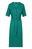 Zilch dress buttons emerald 11TEN40.224-291: jurk met v-hals, knoopsluiting voor en driekwart mouw