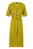 Zilch dress buttons lime 11TEN40.224-129: Gele jurk met V-hals, korte mouw en een knoopsluiting voor