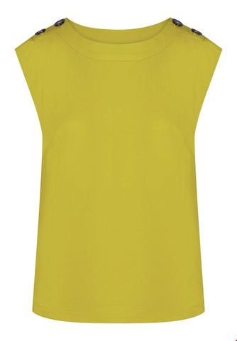 Zilch top buttons lime 11TEN10.126-129: gele top met ronde hals en knopen op de schouders